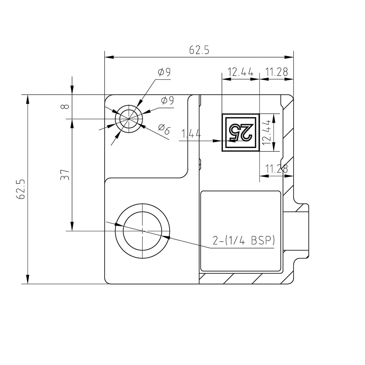 Doos Hoekstuk doorlopende staander met lip - zwart - vierkant - 25 mm