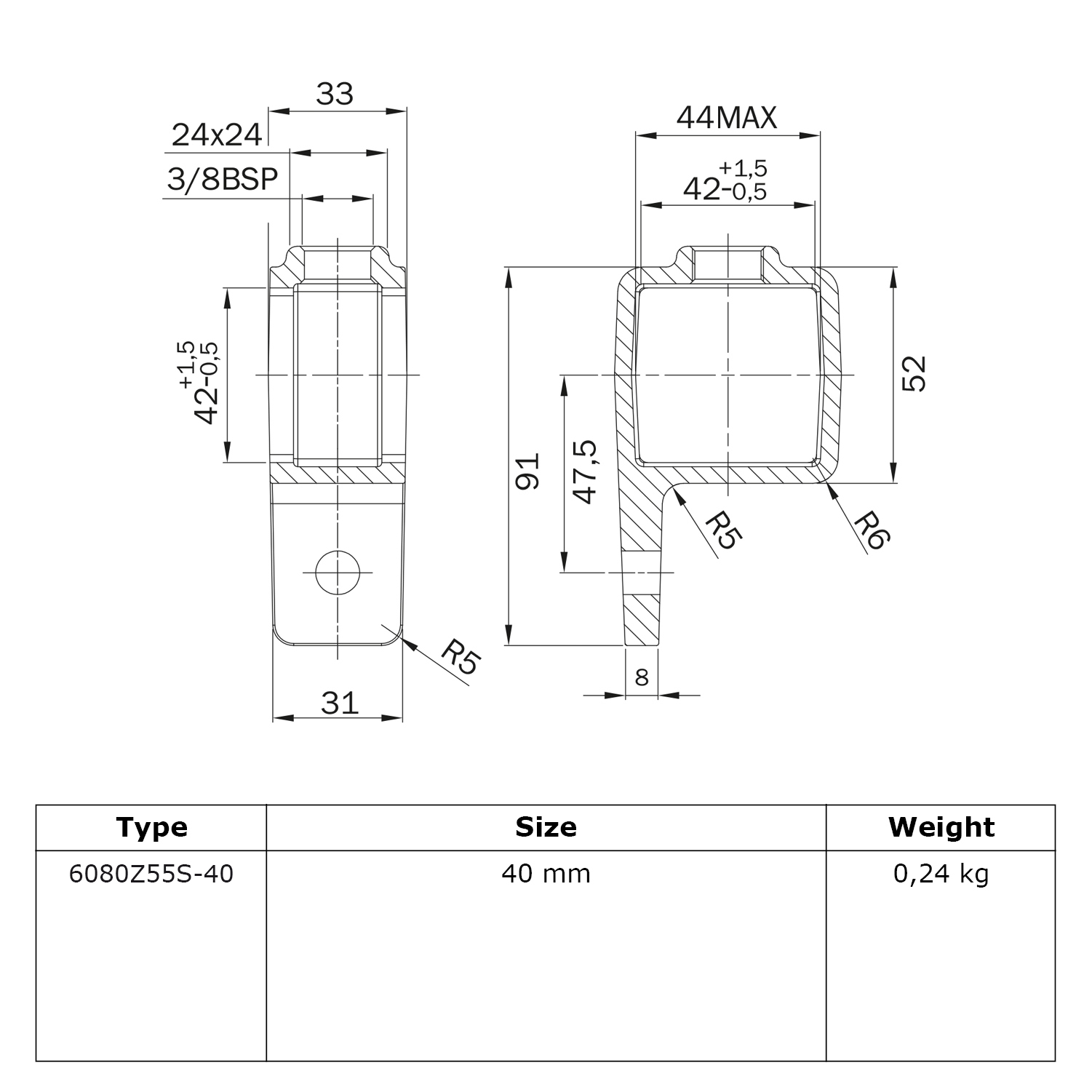 Buiskoppeling Oogdeel enkele lip - zwart - vierkant - 40 mm