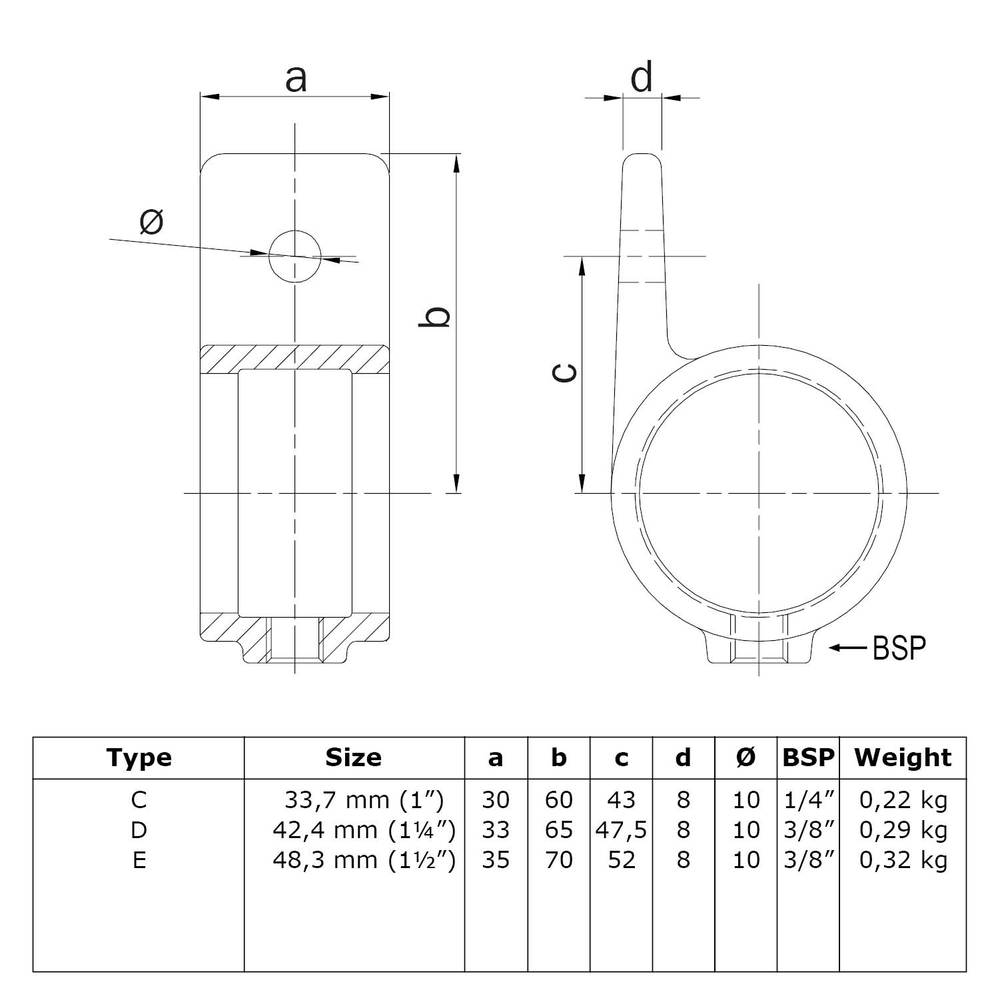 Buiskoppeling Oogdeel enkele lip-D / 42,4 mm