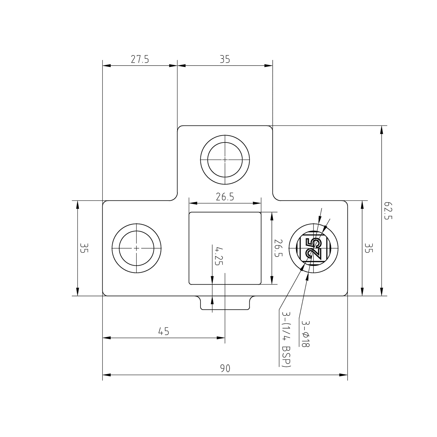 Buiskoppeling T-Stuk met zij-uitgang - zwart - vierkant - 25 mm