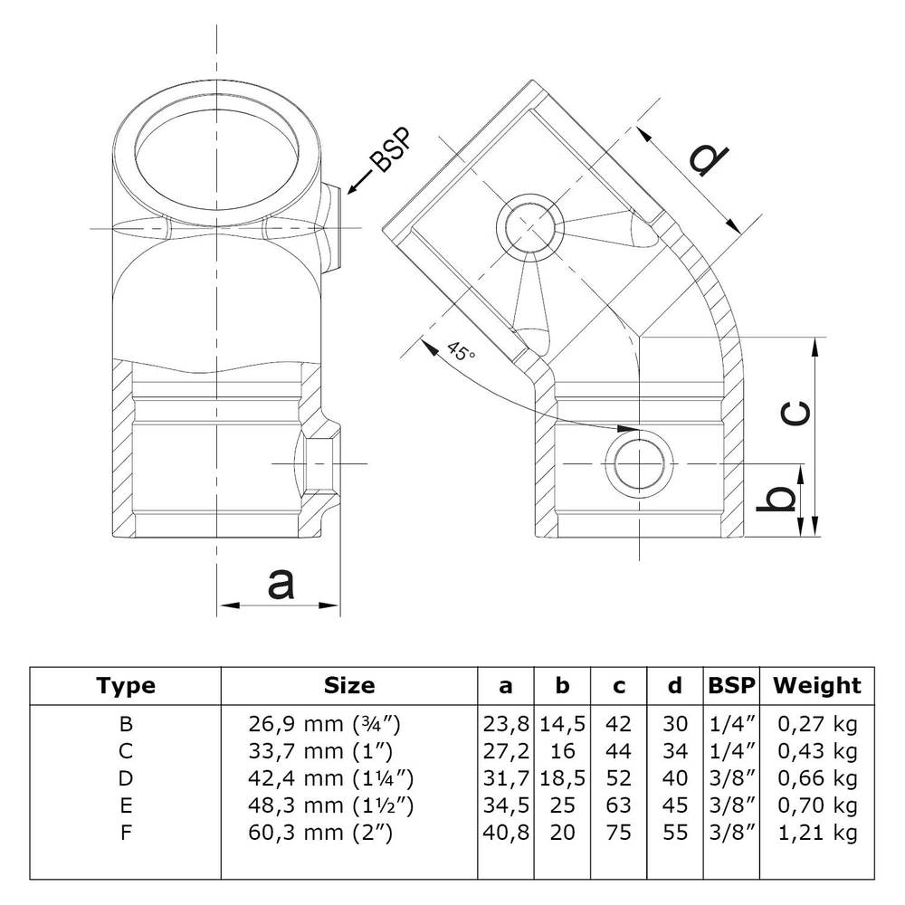 Doos Kort T-stuk 45°-E / 48,3 mm