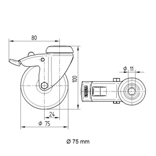 Zwenkwiel (zwart) met rem en expander - 75mm diameter-E / 48,3 mm