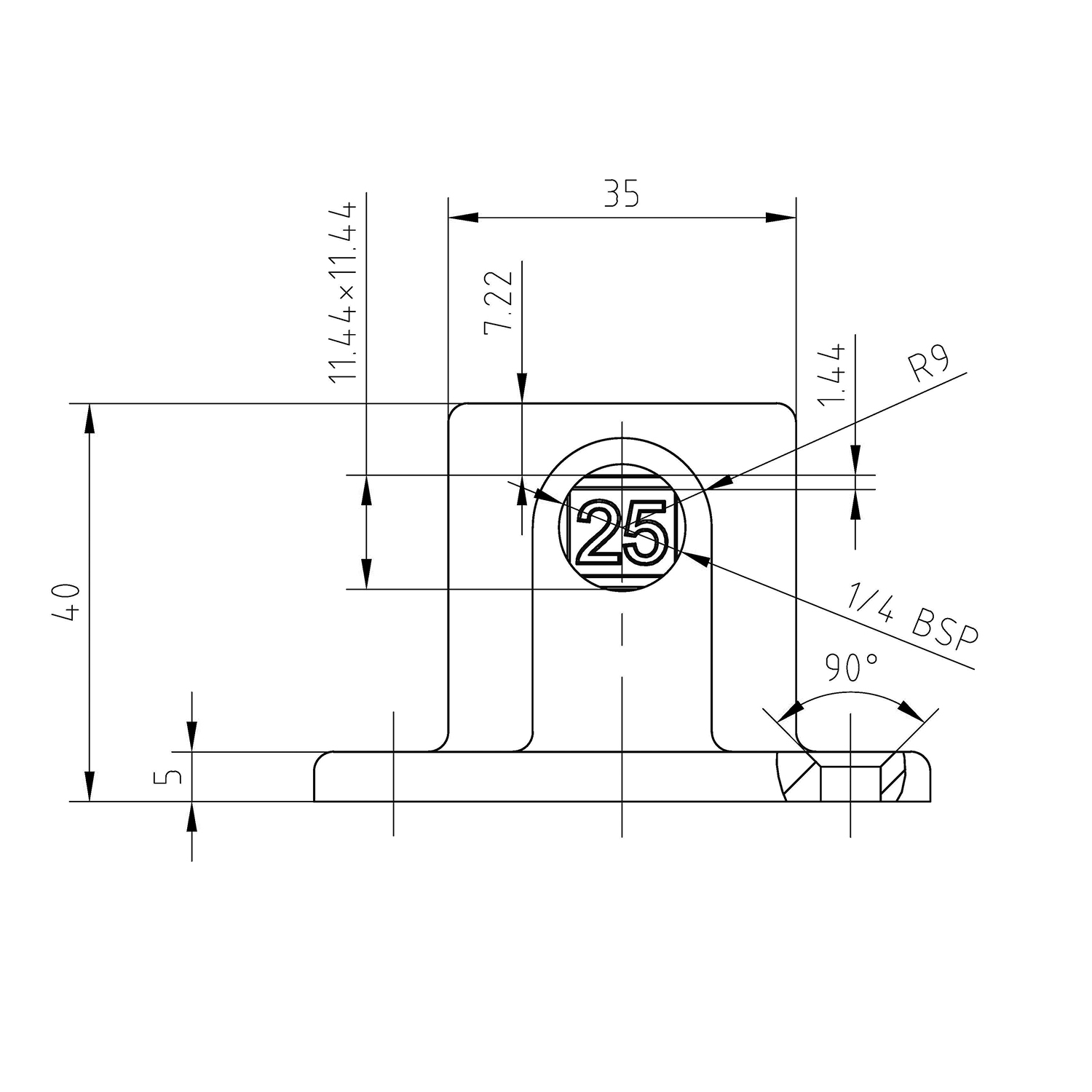 Doos Vierkante voetplaat met doorloop - zwart - vierkant - 25 mm