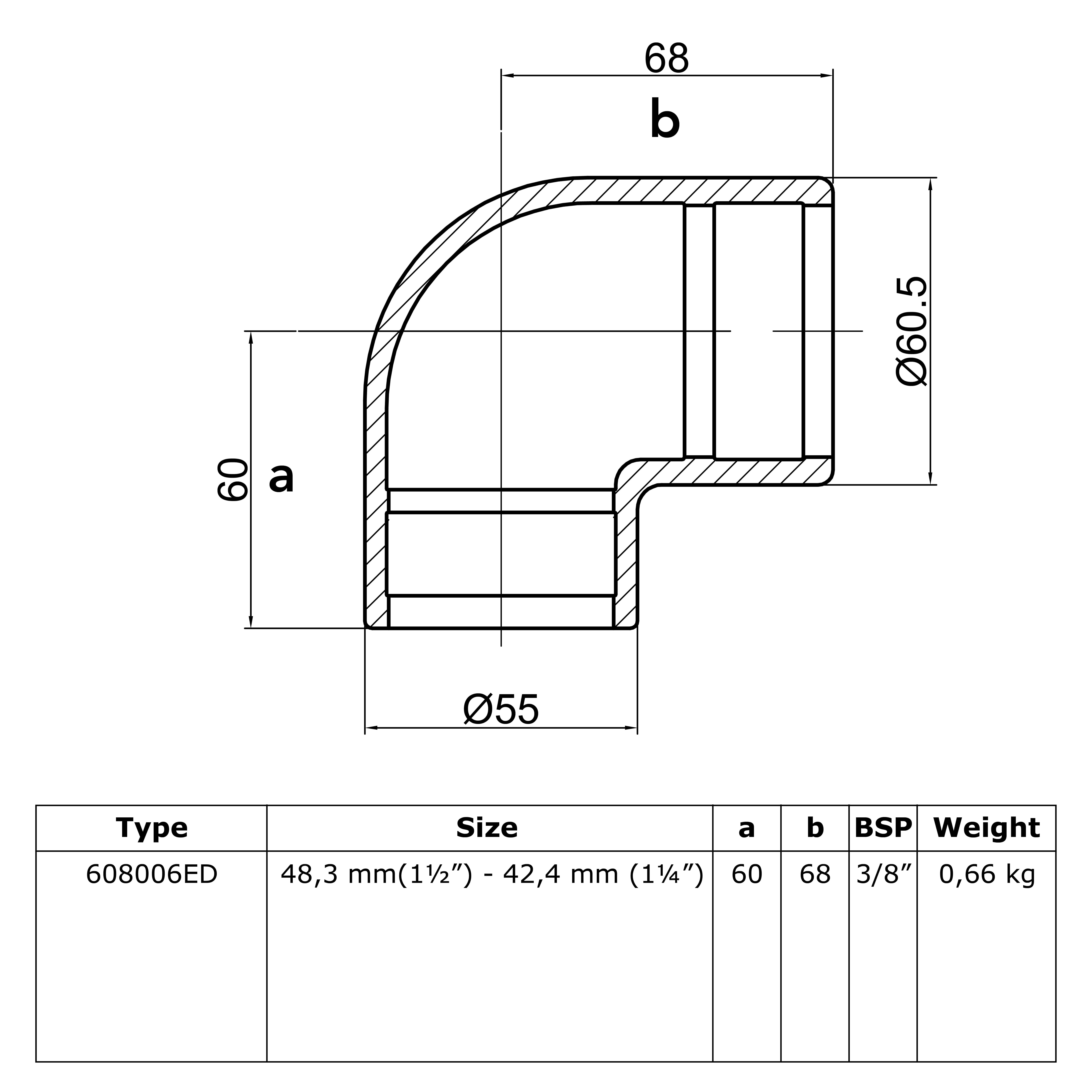 Doos Kniestuk 90° - verloop-ED / 48,3 mm - 42,4 mm