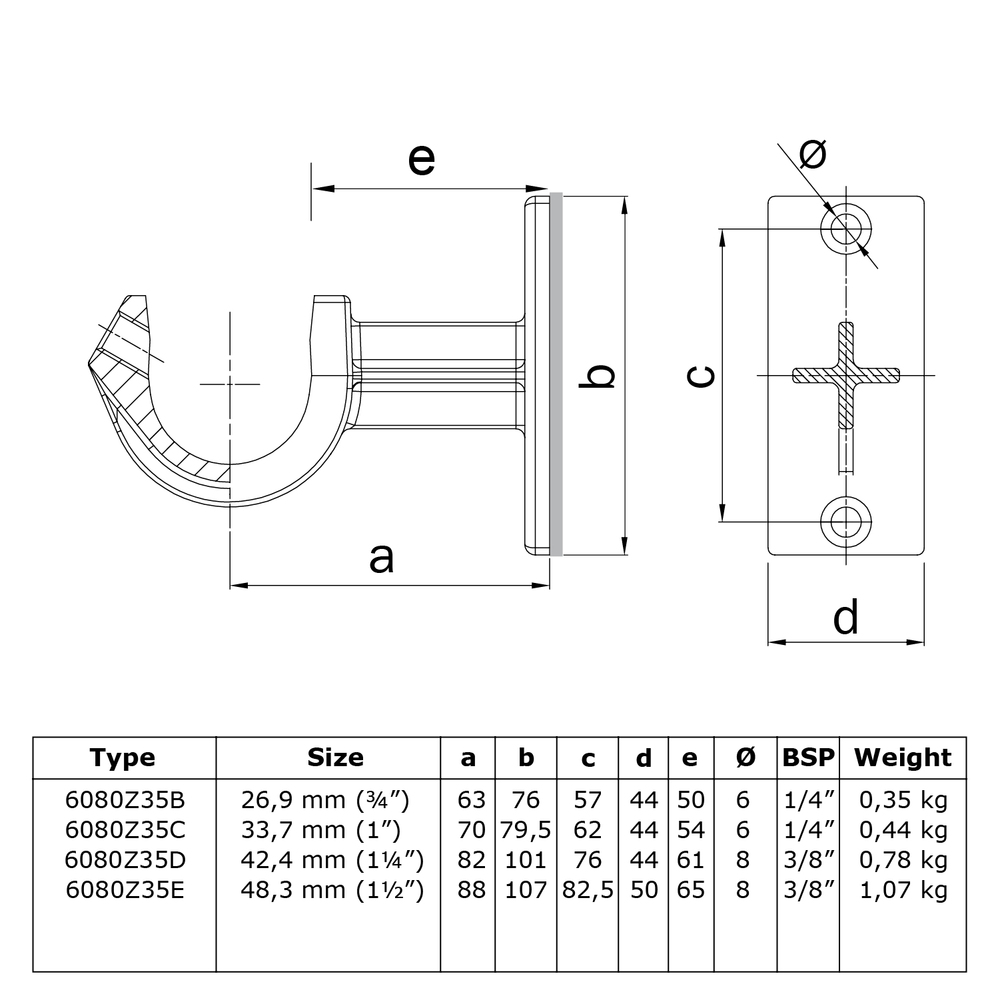 Buiskoppeling Leuningdrager met inleg-C / 33,7 mm